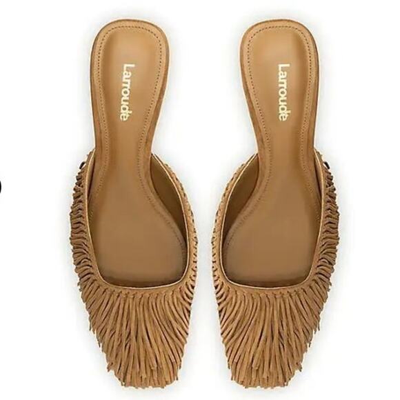 Larroudé Shoes - Larroudé Sienna Fringe Suede Mules Tan Kitten Heel Size 8 Handmade Brazil